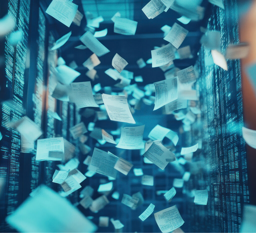 Milhares de documentos caindo do teto e imundando o jurídico